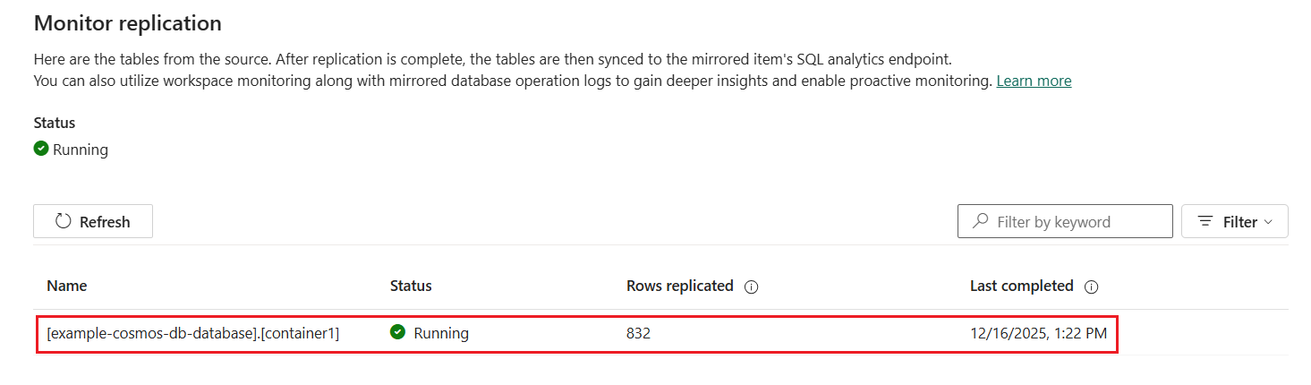 Skärmbild som visar en speglande artefakt som körs framgångsrikt med aktiverade privata slutpunkter.
