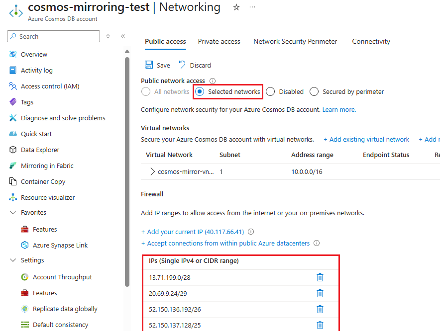 Skärmbild som visar åtkomst till offentligt nätverk med IP-adresser som lagts till i brandväggen.