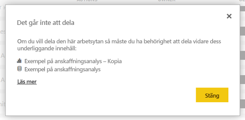 Skärmbild som visar meddelandet som anger att du inte kan dela det underliggande innehållet.