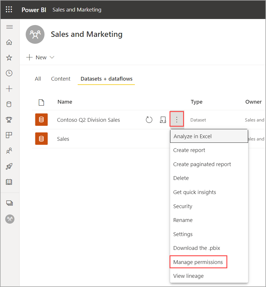 Skärmbild som visar var du väljer Fler alternativ och sedan Hantera behörigheter.