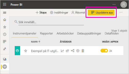Skärmbild som visar uppdateringsappen på arbetsytans listsida.