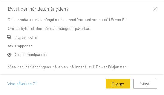 Skärmbild av dialogrutan för varning om ersättning av den semantiska modellen.