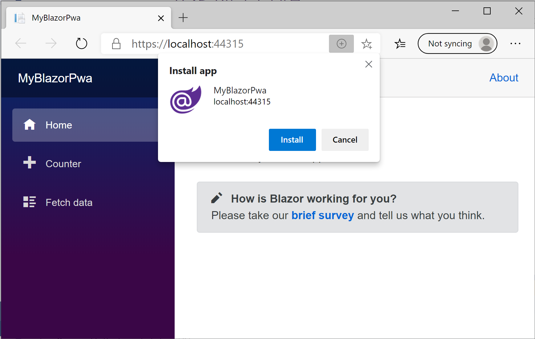 Google Chrome 中的确认对话框会向用户显示“MyBlazorPwa”应用的“安装”按钮。
