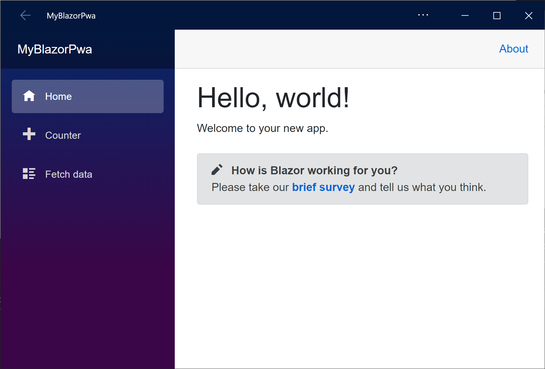 “MyBlazorPwa”应用在 Google Chrome 中运行时不显示地址栏。