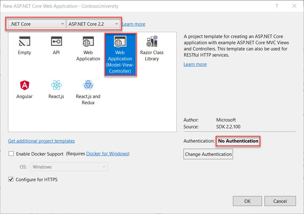 新的 ASP.NET Core 项目对话框