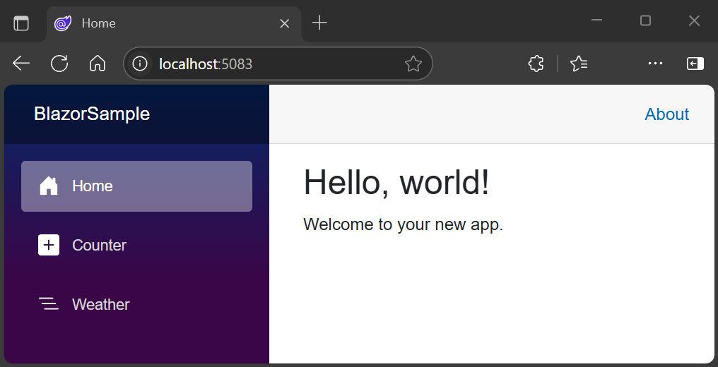 Blazor Web App 在 Microsoft Edge 中运行，并在 UI 中呈现主页。