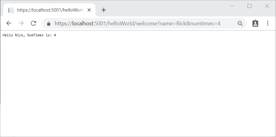 显示 Hello Rick 的应用程序响应的浏览器窗口，NumTimes 为：4