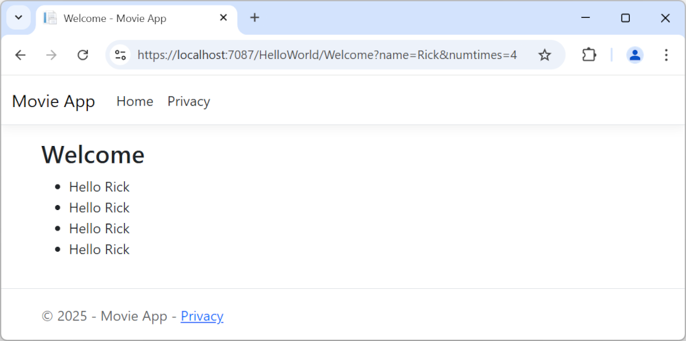 Privacy 视图，显示了 Welcome 标签以及四个“Hello Rick”短语