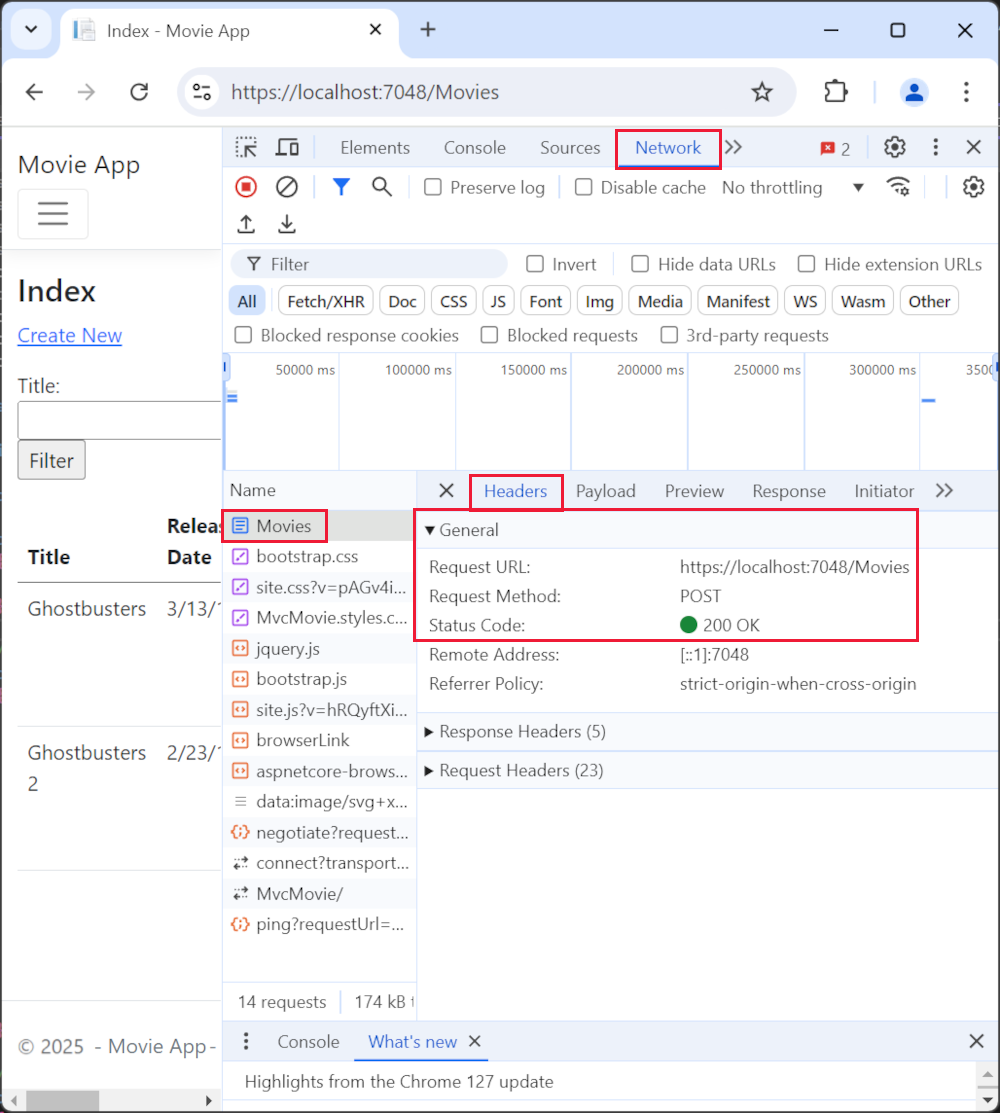 Chrome 浏览器开发人员工具的“网络”和“标头”选项卡，其中显示了 searchString 值为 ghost 的请求正文