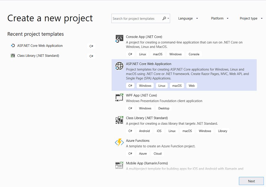 创建新的 ASP.NET Core Web 应用程序项目