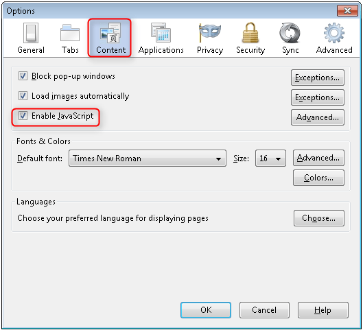 Firefox：在“选项”的“内容”选项卡上，取消选中“启用 Javascript”复选框。