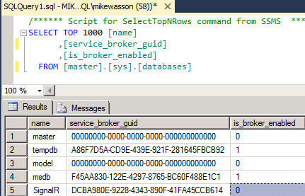 Service Broker 中显示的“S Q L 查询 1 点 S Q L”选项卡的屏幕截图，其中显示了“结果”和“消息”选项卡。