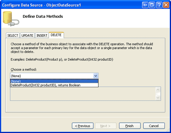 确认 ObjectDataSource 的 INSERT、UPDATE 和 DELETE 选项卡中的 Drop-Down 列表已设置为 （无）
