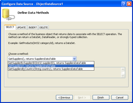 将 ObjectDataSource 配置为使用 GetSuppliers（） 方法