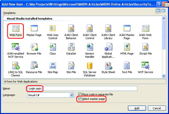 添加名为 Login.aspx 的新 ASP.NET 页面
