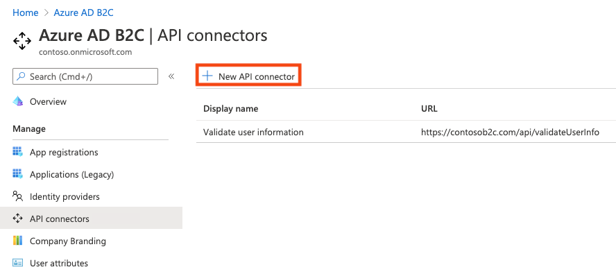 显示 Azure 门户中的“API 连接器”页的屏幕截图，其中突出显示了“新建 API 连接器”按钮。