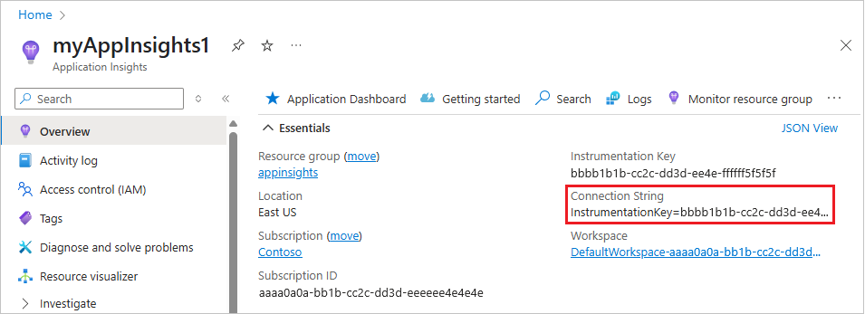 显示“Application Insights 概述”选项卡上的连接字符串的屏幕截图。