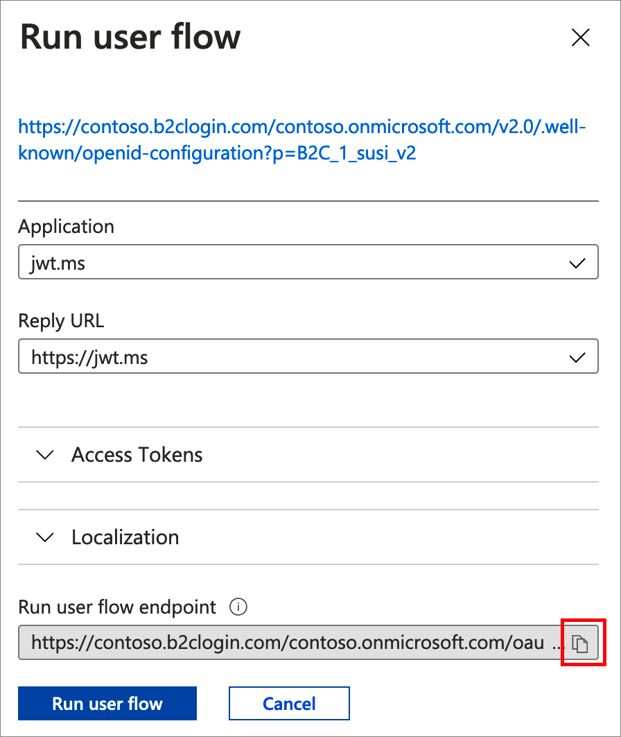 Azure 门户中的“运行用户流”页的屏幕截图，其中突出显示了“运行用户流终结点”文本框的复制按钮。