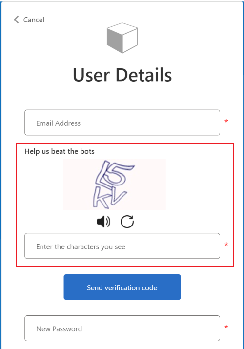 注册页中显示的 CAPTCHA 屏幕截图。