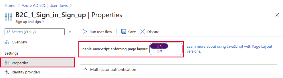 突出显示“启用 JavaScript”设置的用户流属性页