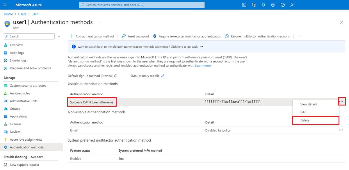 Azure 门户中“身份验证方法”页的屏幕截图，其中突出显示了“身份验证方法”菜单项、“软件 OATH 令牌身份验证方法和删除”按钮