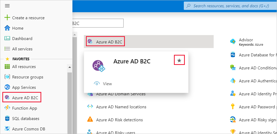 Azure AD B2C，收藏夹菜单，Azure 门户