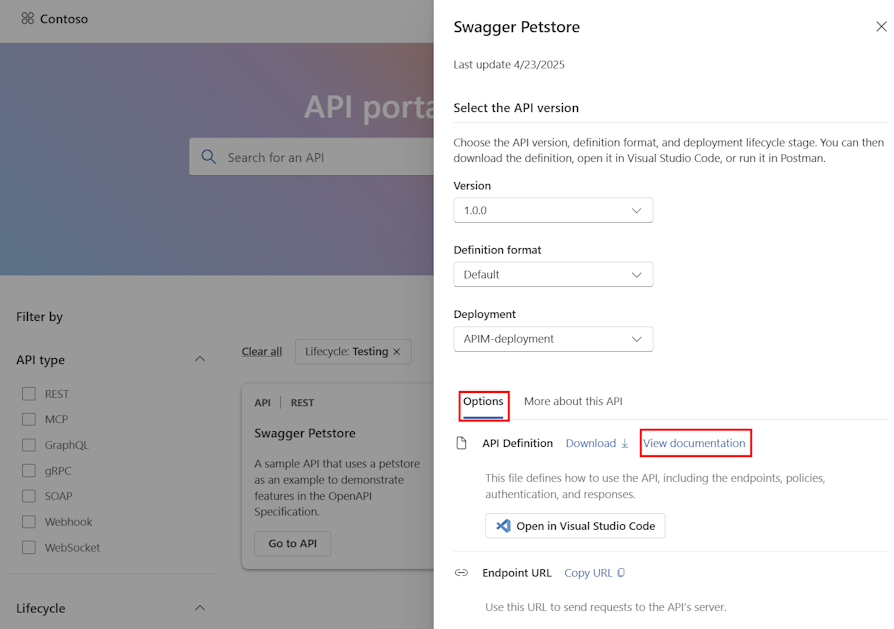 API 中心门户中 API 详细信息的屏幕截图。