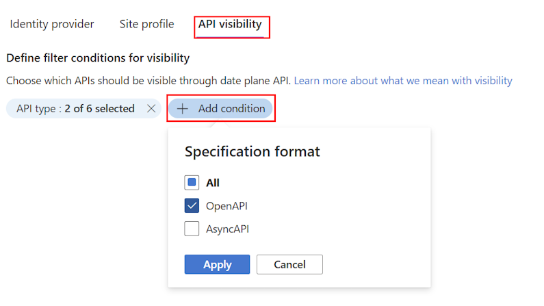 在门户中添加 API 可见性条件的屏幕截图。