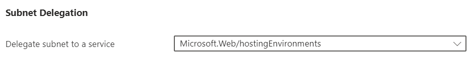 屏幕截图显示子网在门户中委派给 Microsoft.Web/hostingEnvironments。