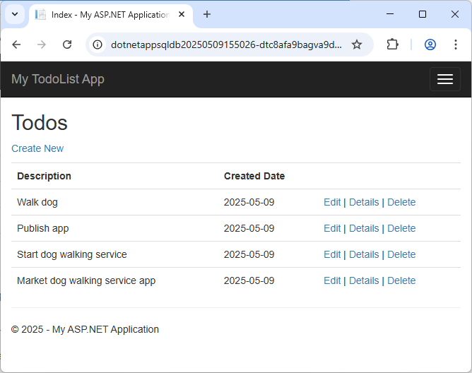 显示 Azure 应用服务中已发布 ASP.NET 应用程序的屏幕截图。