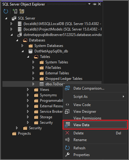 显示浏览 SQL 数据库对象的屏幕截图。