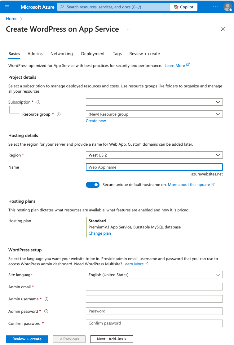 在 Azure 应用服务上创建 WordPress 站点的屏幕截图。