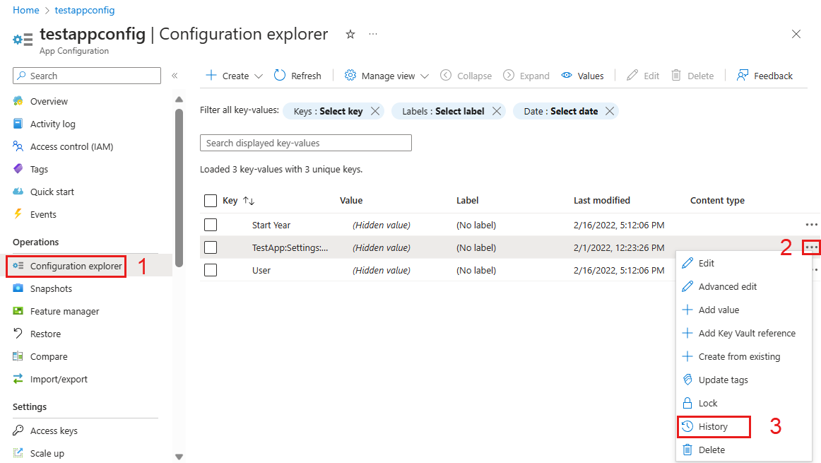 Azure 门户中选择键值历史记录时的屏幕截图