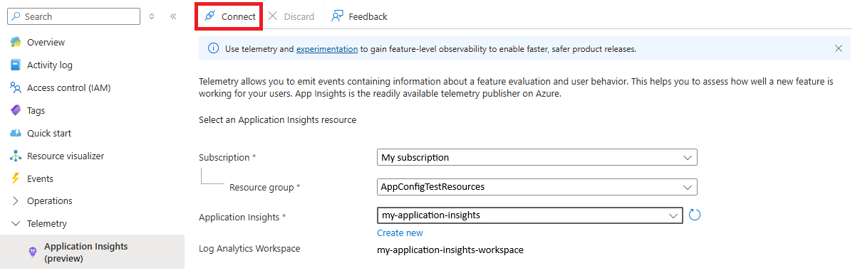 Azure 门户的屏幕截图，其中连接了 Application Insights。