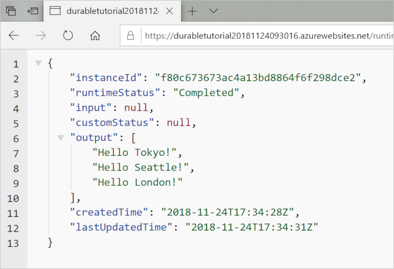Azure 中正在运行的 Durable Functions 应用的屏幕截图。