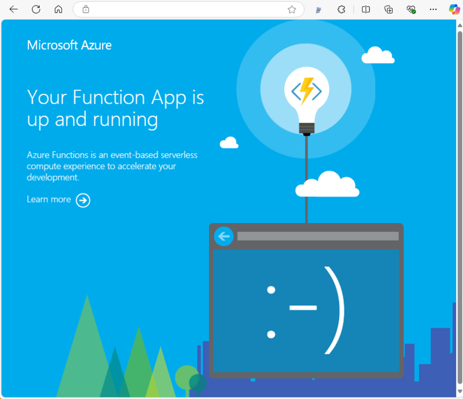 Azure Functions 应用“欢迎页面”的屏幕截图。