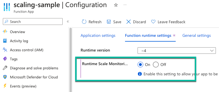 用于启用运行时缩放的 Azure 门户区域的屏幕截图。