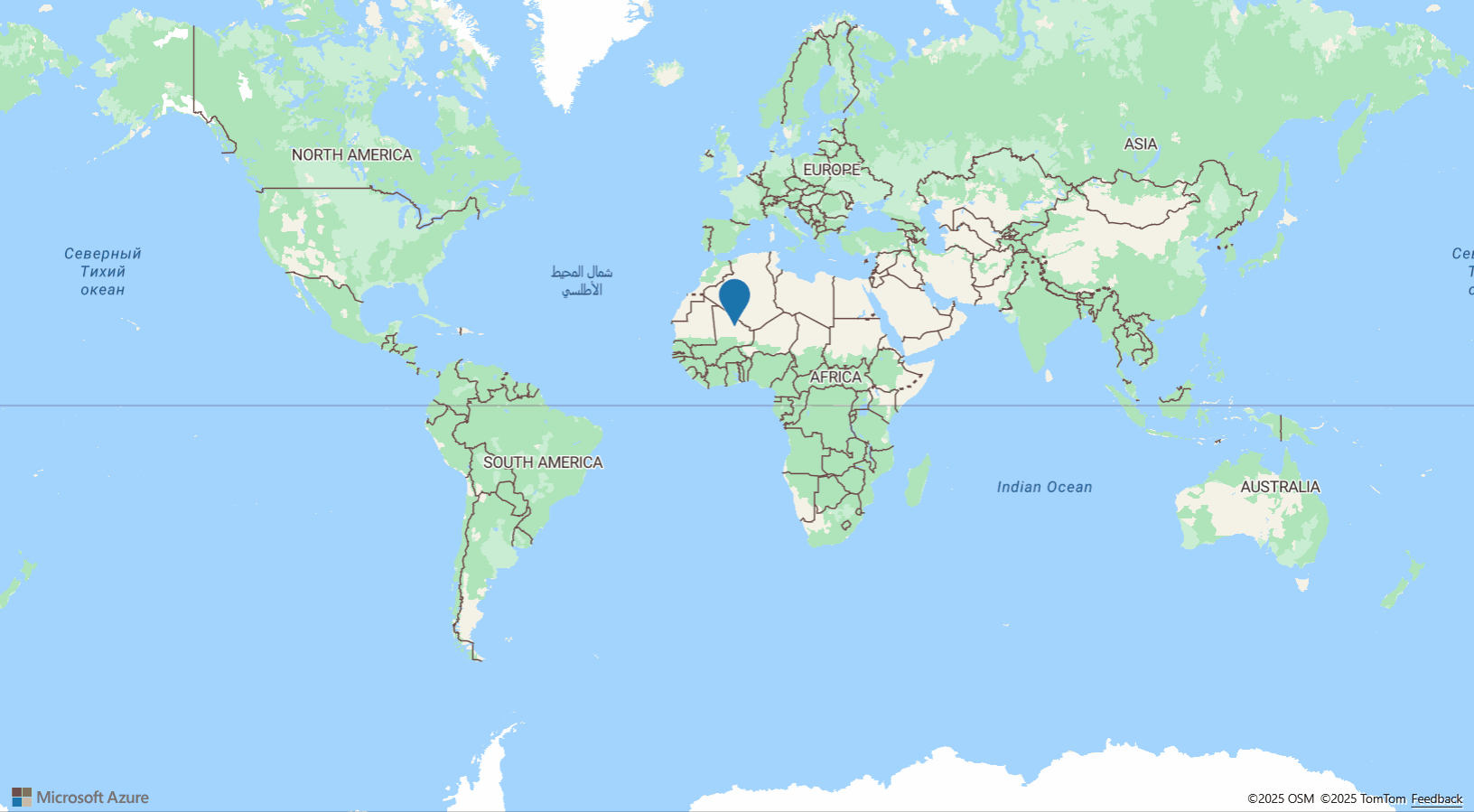 屏幕截图为一张世界地图，其中有一个绕圈的符号，演示了如何通过更新坐标将符号在地图上的位置制成动画。