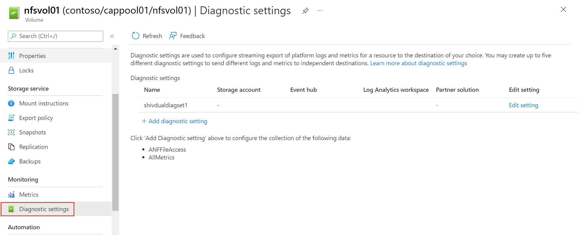 Azure 诊断设置菜单的屏幕截图。
