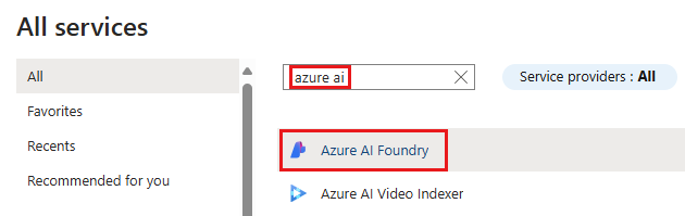 显示在 Azure 门户的“所有服务”中进行搜索的屏幕截图。