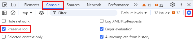 屏幕截图突出显示了 Chrome 中的“控制台”选项卡上的“保留日志”选项。