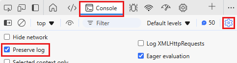 屏幕截图突出显示了 Microsoft Edge 中的“控制台”选项卡上的“保留日志”选项。