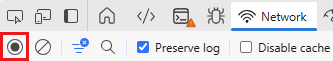 屏幕截图显示了 Microsoft Edge 中的“网络”选项卡上的“停止记录网络日志”和“清除”选项。
