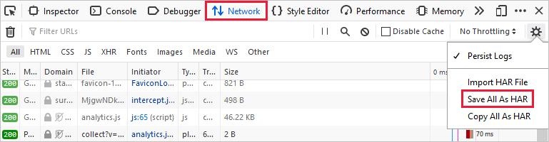 Firefox 中“网络”选项卡上的“全部另存为 HAR”命令的屏幕截图。