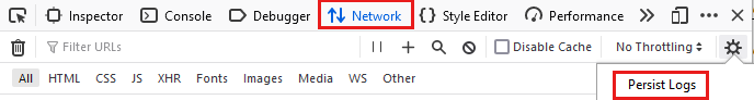 Firefox 中“保留日志”的“网络”设置的屏幕截图。
