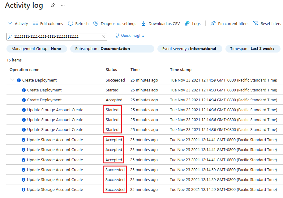 Azure 门户活动日志的屏幕截图，其中显示了三个并行部署的存储帐户及其时间戳和状态。