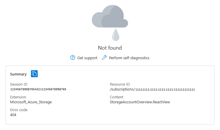 Azure 门户的屏幕截图，其中显示了资源“概述”部分中出现“找不到”错误消息的已删除资源。