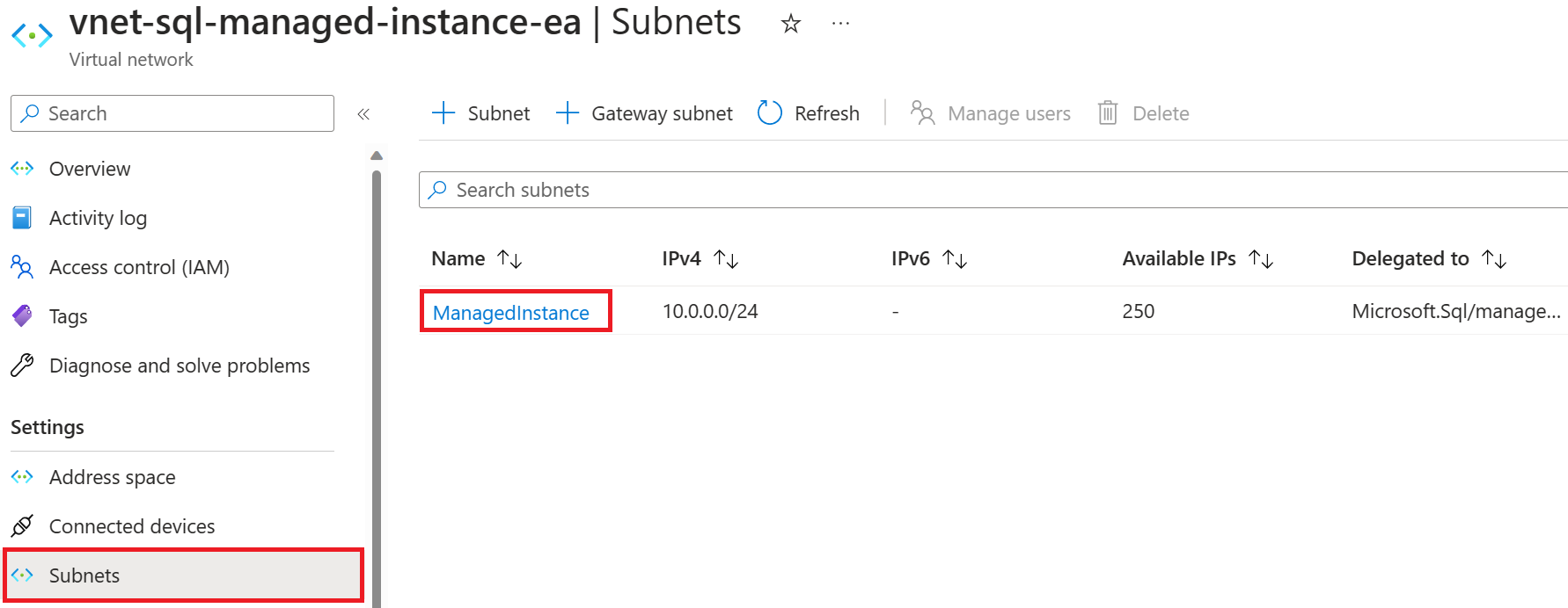 Azure 门户中 SQL 托管实例“子网”页面的屏幕截图，其中选择了子网。