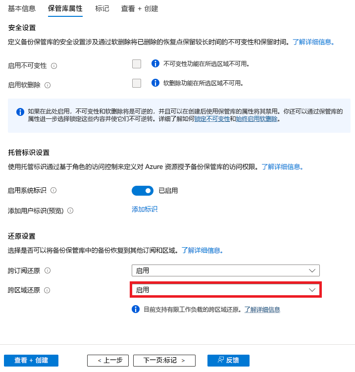 屏幕截图显示如何启用“跨区域还原”参数。