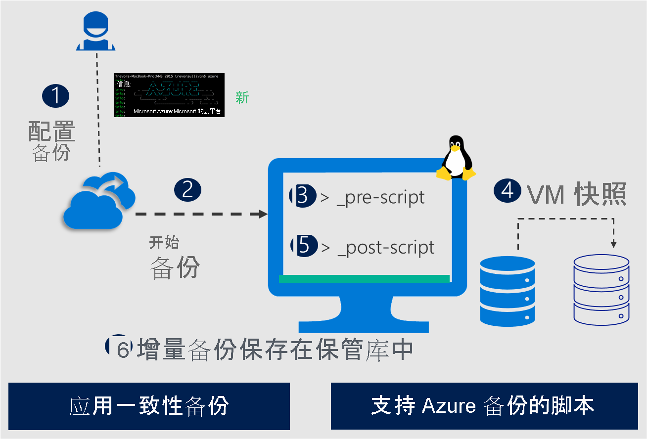 显示了 Azure 备份提供的 Linux 应用程序一致性快照的示意图。